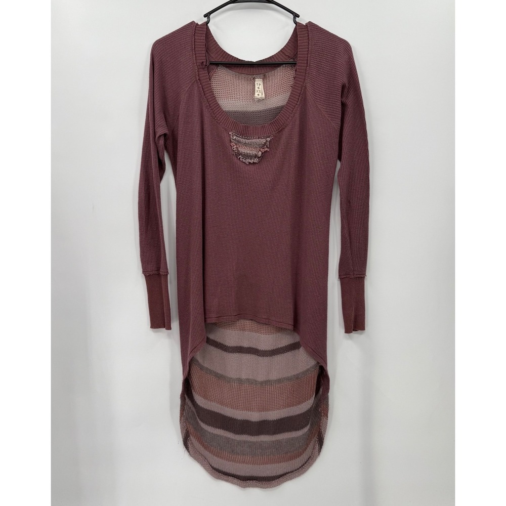 Free People Thermal Knit Distressed Hi Low‎ Tunic Top Burgundy XS